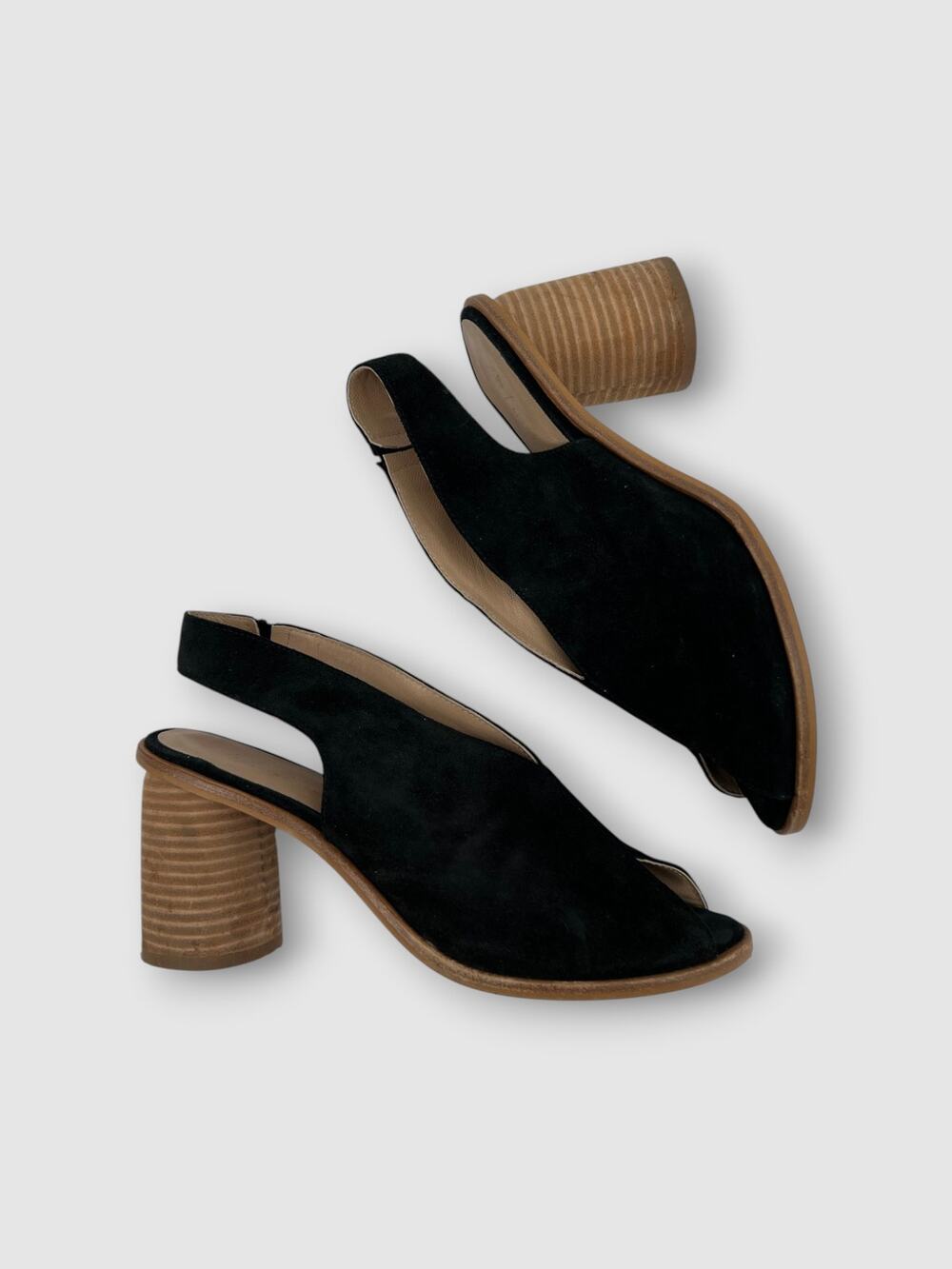 Anthropologie Black Suede Slingback Peep Toe Block Heel Sandals Size 39